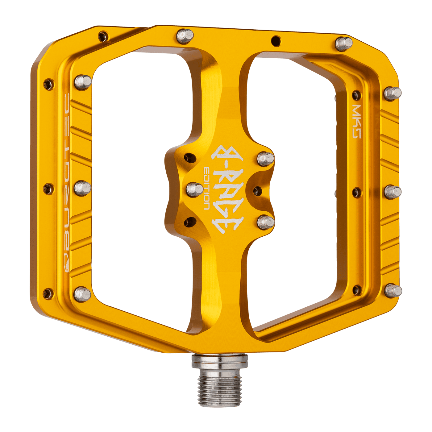Burgtec Penthouse MK5 B-Rage Edition Steel Axle Alloy Flat Pedals - L - Burgtec Bullion Gold