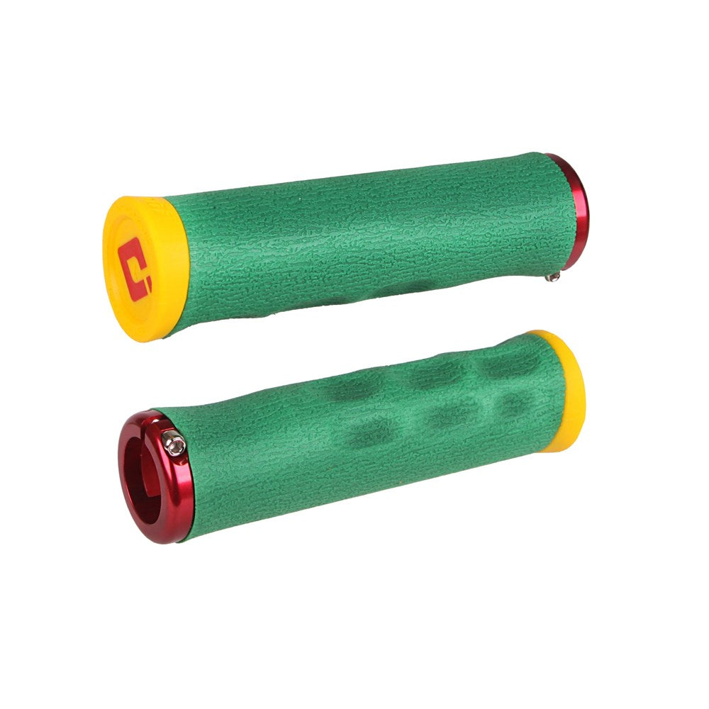ODI F-1 Dread Lock On Grips - Rasta With Red Clamps - Single Lock On Grips - Image 1