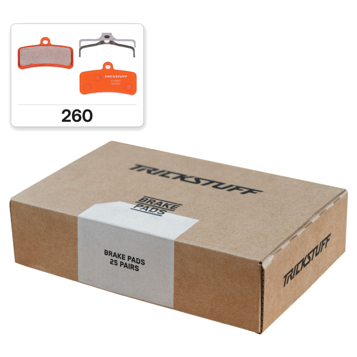 Trickstuff Power Brake Pad - Organic - Steel - Workshop Pack 260 - Shimano MT520 / M6120 / M7120 / M8020 / Tektro / TRP - 25 Pairs - OEM Packed - Image 1