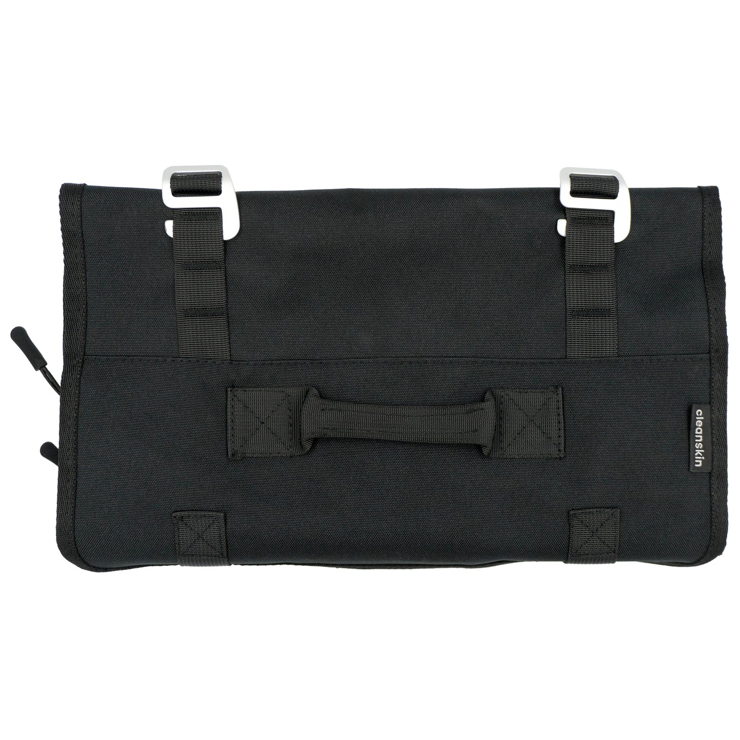A black Cleanskin Tool Wrap with multiple tool storage pockets and a carrying handle, made from durable fabric with metal buckles for closure.