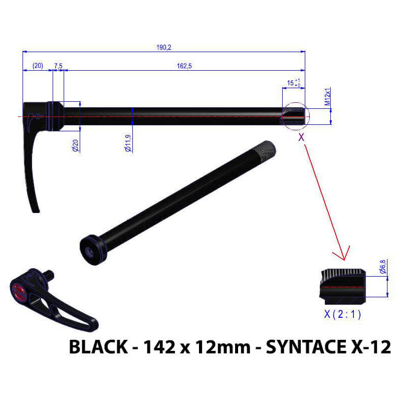 DT Swiss RWS Plug In Axle - Black - Syntace X-12 Tapered Head - 142 x 12mm - 162.5mm Long - M12x1 x 15mm Thread