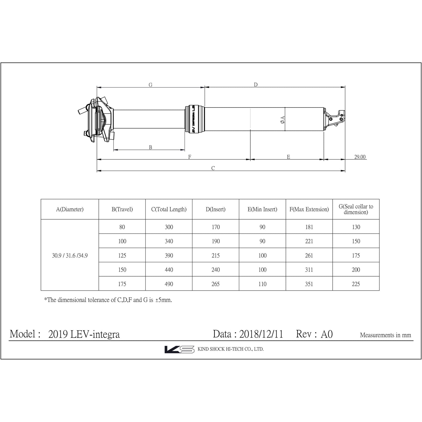 KS Lev Integra Dropper Post - 2020 - Internal - Stealth - 31.6mm - 65mm - 295mm - None
