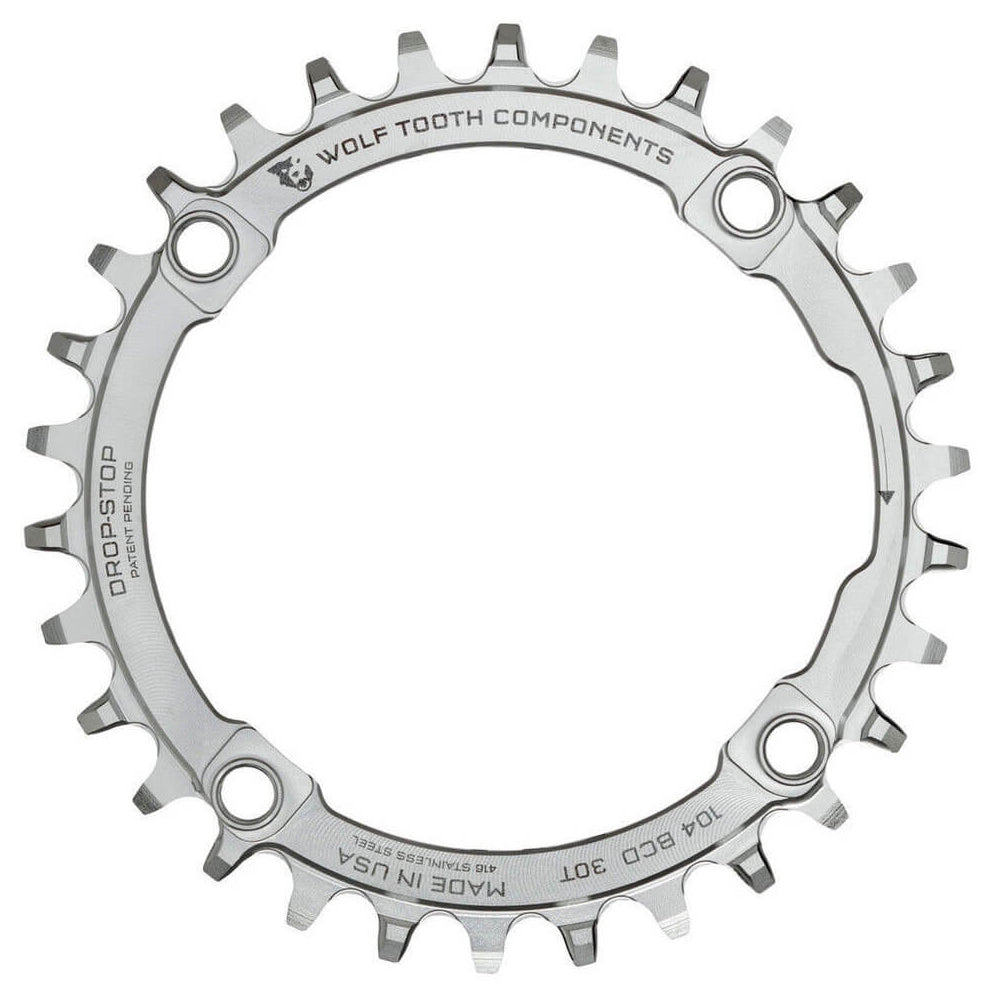 Wolf Tooth 4 Bolt Stainless Steel Drop-Stop Chainring - 104 BCD - Round - Silver - 30T