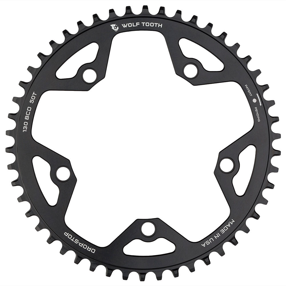Wolf Tooth 5 Bolt Drop Stop Chainring - 130 BCD - Round - Black - 9-12 Speed Flattop - 44T