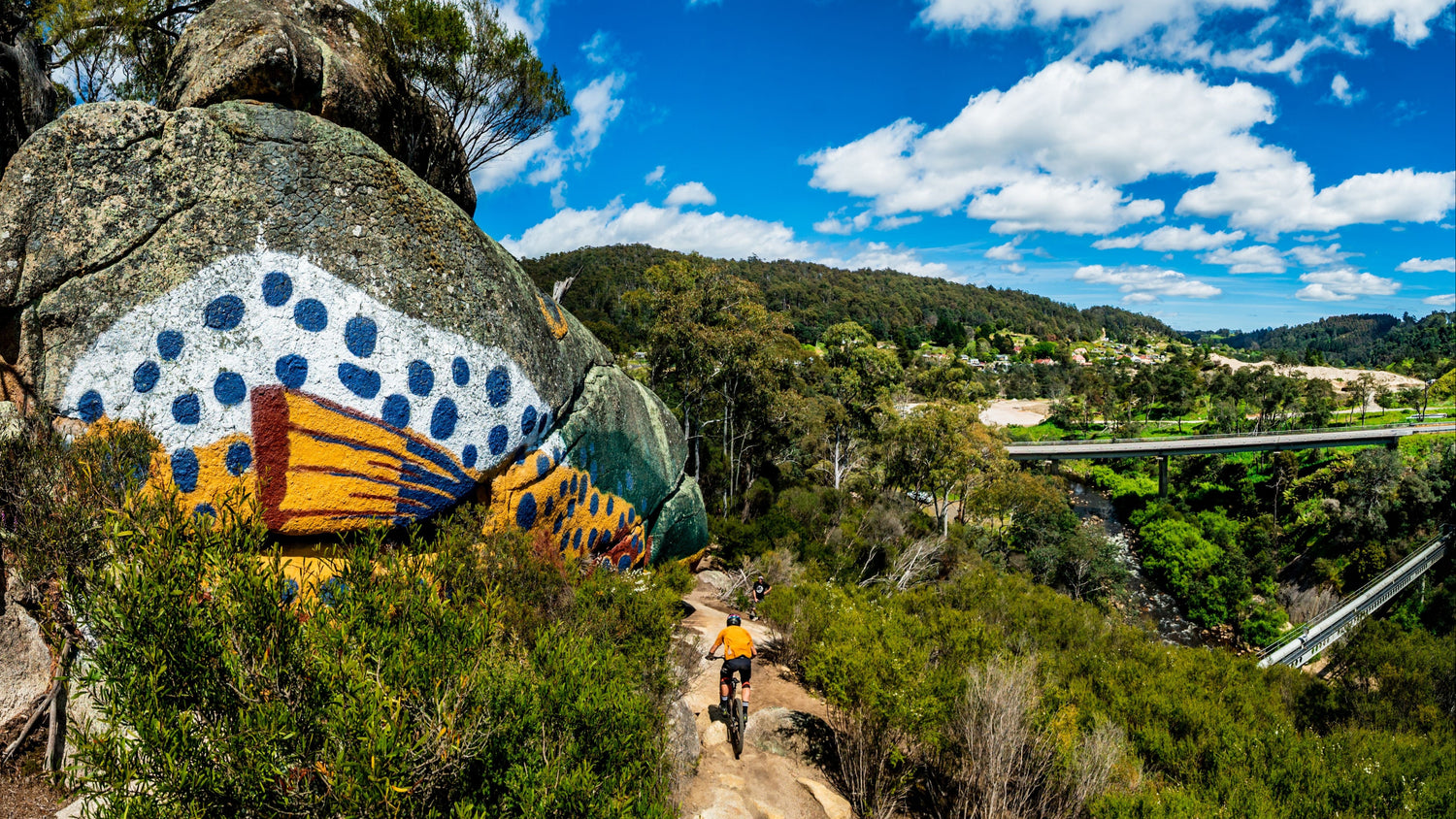 Large painted rock with a colorful design in a natural setting with trees and a bridge in the background.