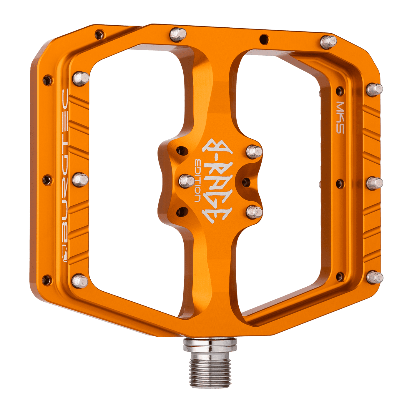 Burgtec Penthouse MK5 B-Rage Edition Steel Axle Alloy Flat Pedals - L - Iron Bro Orange