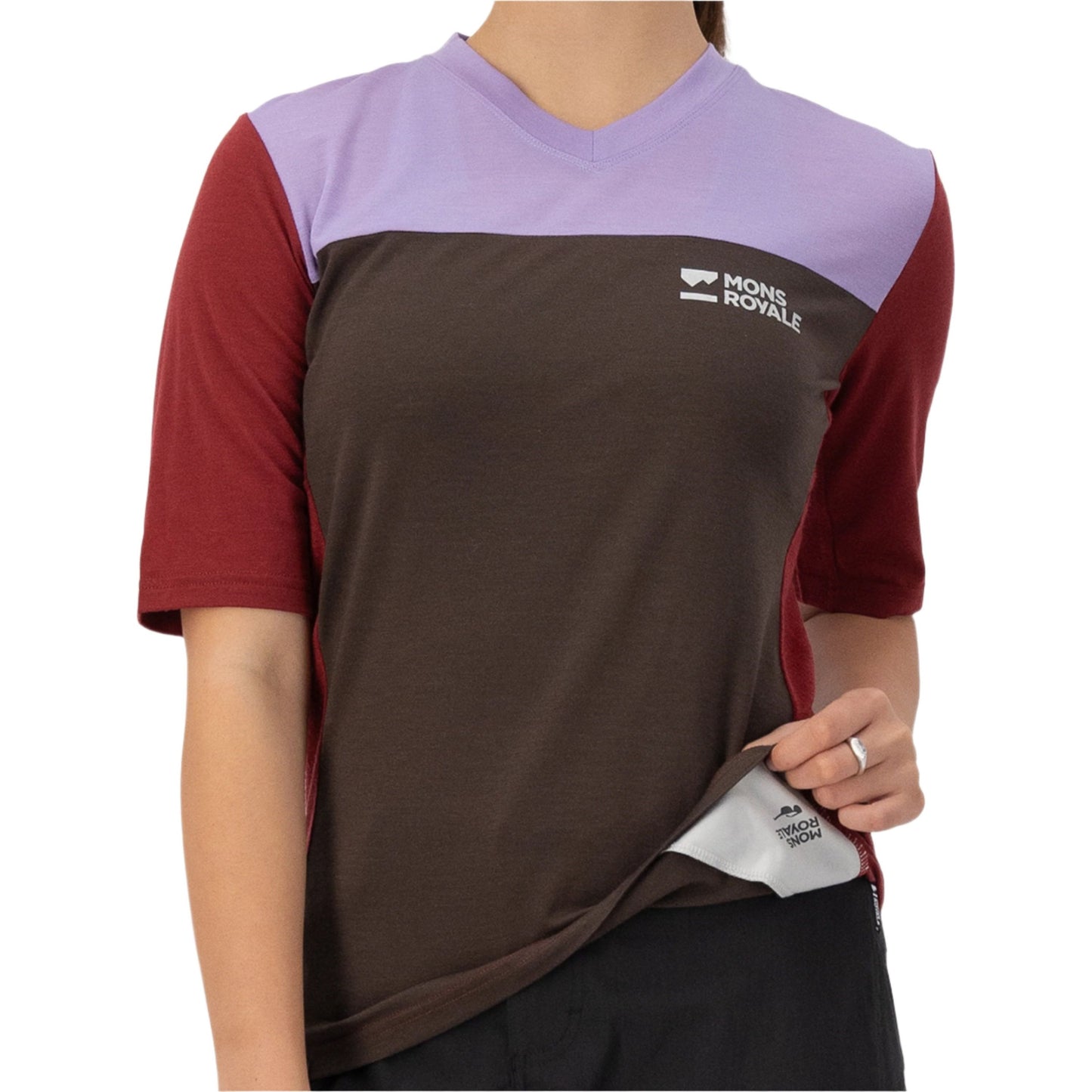Mons Royale Women's Redwood Enduro VT Short Sleeve Jersey - Women's L - Cedar - Cherry - Lupin