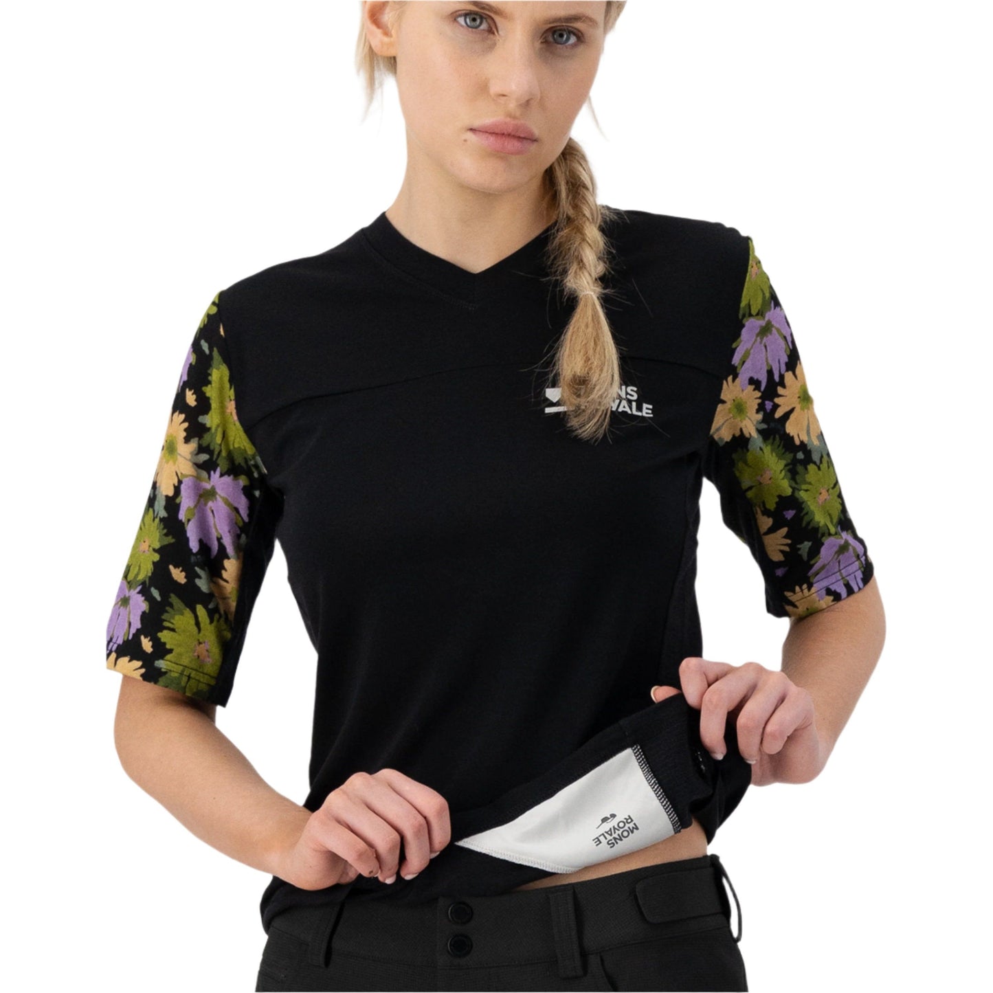 Mons Royale Women's Redwood Enduro VT Short Sleeve Jersey - Women's S - Alpine Bloom - Black
