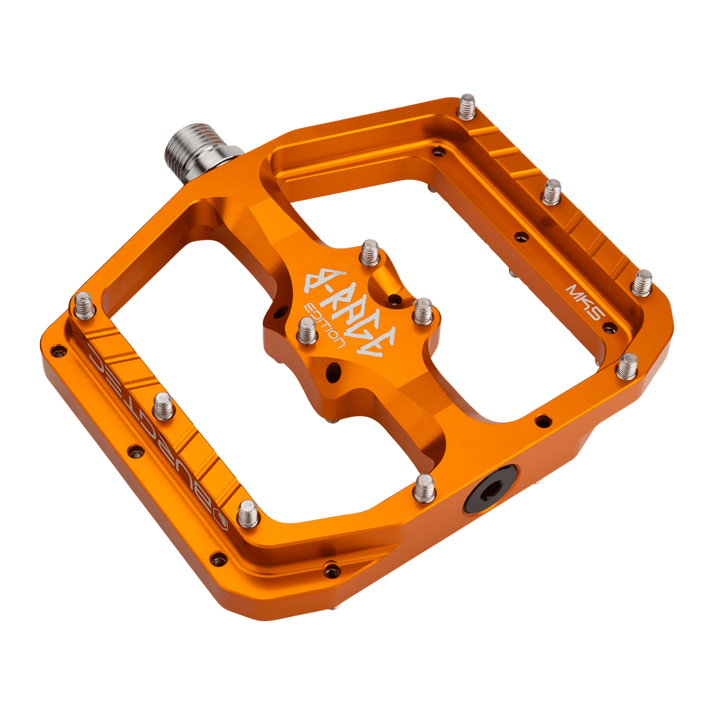 Burgtec Penthouse MK5 B-Rage Edition Steel Axle Alloy Flat Pedals - L - Iron Bro Orange