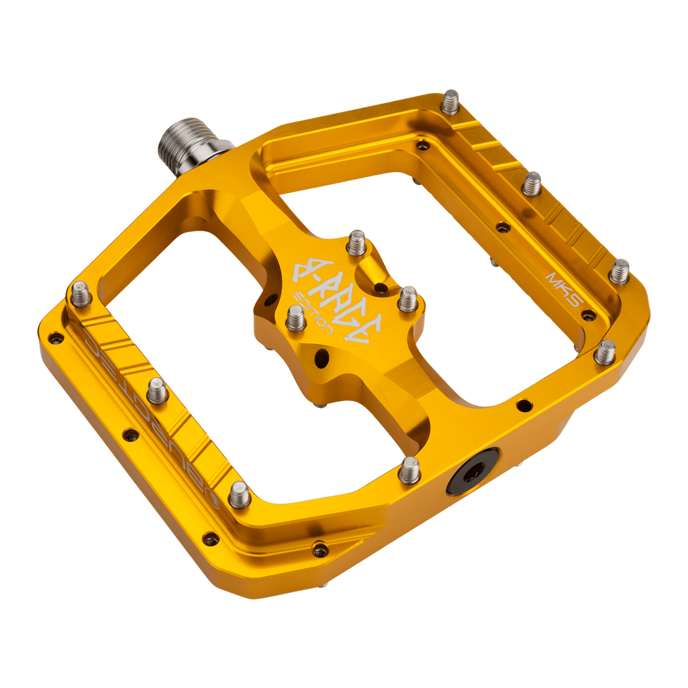 Burgtec Penthouse MK5 B-Rage Edition Steel Axle Alloy Flat Pedals - L - Burgtec Bullion Gold