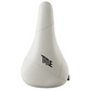A white bicycle saddle with 'TITLE' branding on the side, featuring chromoly rails and a soft flexible surface.