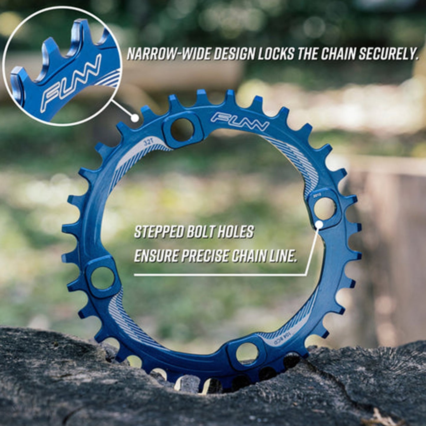 FUNN Chain Ring - Four Bolt - 104 BCD - 3mm Boost - Round - 32T - 9-12 Speed - Alloy - Blue - Image 3