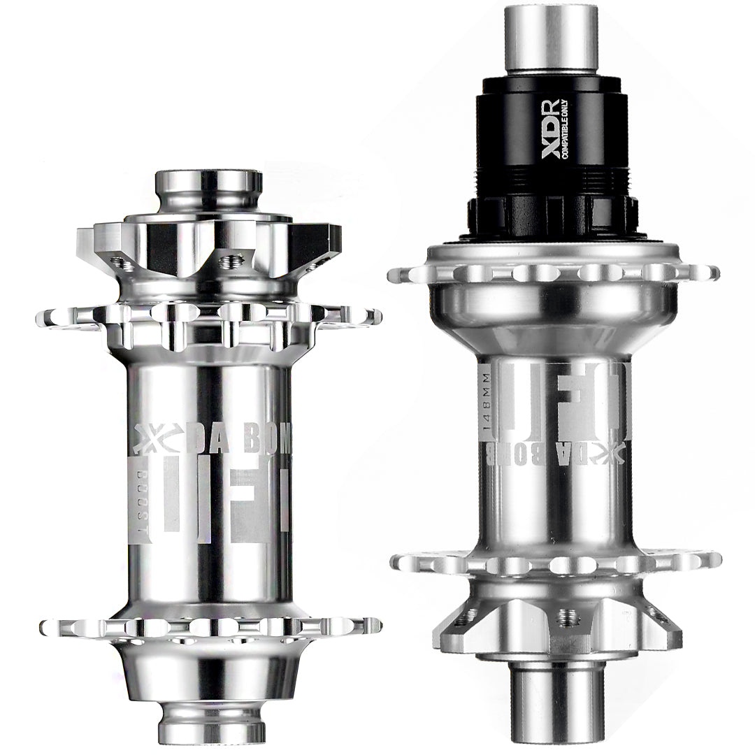 DaBomb UFO 2.0 Hub Set - Front & Rear - F (110x15mm) & R (148x12mm) - XD Driver - 6 Bolt - 32 Hole - J-Bend - Silver