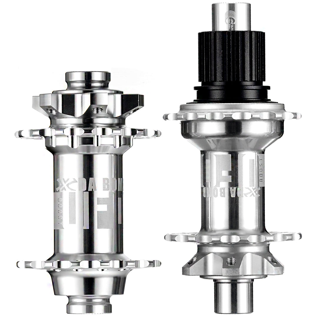 DaBomb UFO 2.0 Hub Set - Front & Rear - F (110x15mm) & R (148x12mm) - Shimano MS Splined - 6 Bolt - 32 Hole - J-Bend - Silver
