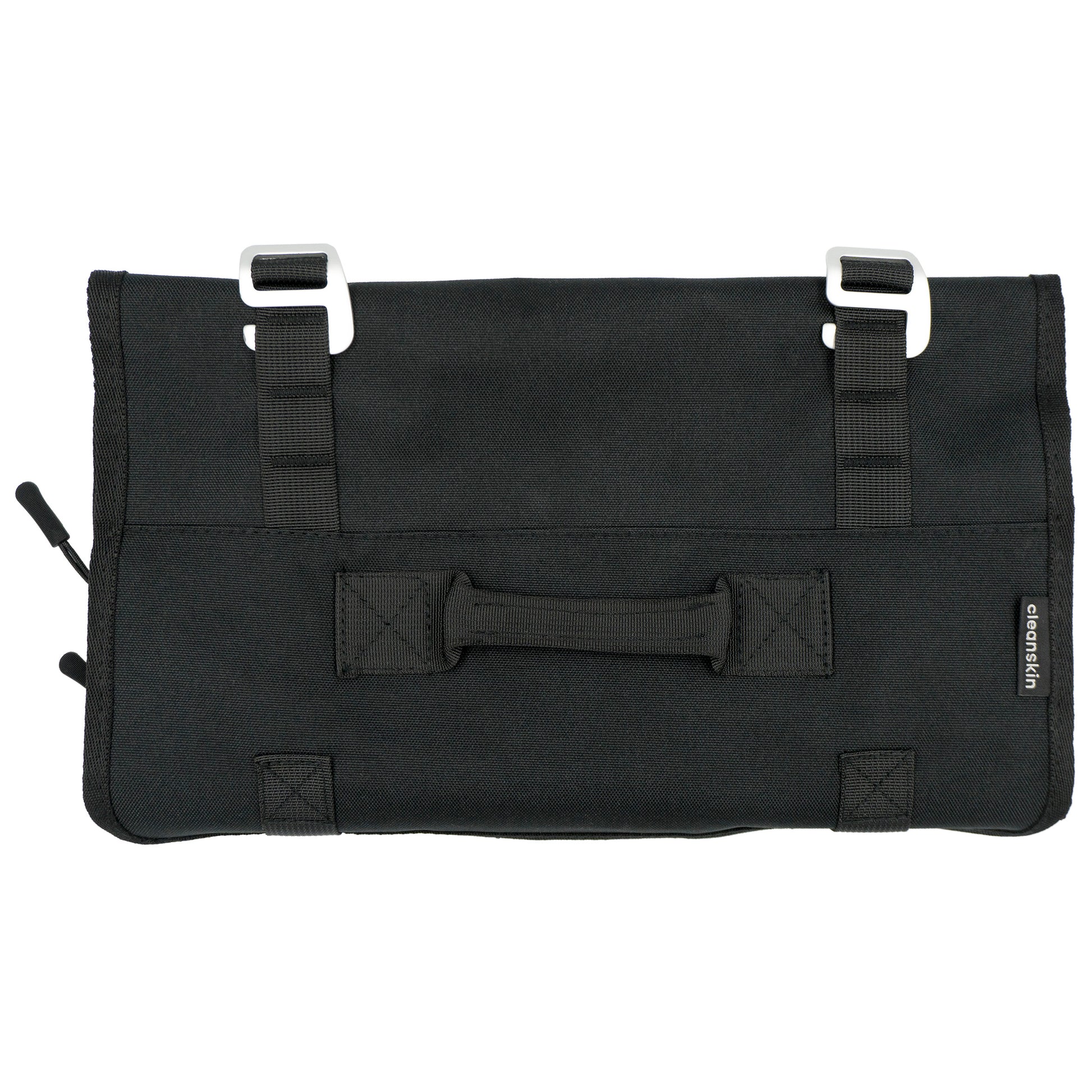 A black Cleanskin Tool Wrap with multiple tool storage pockets and a carrying handle, made from durable fabric with metal buckles for closure.
