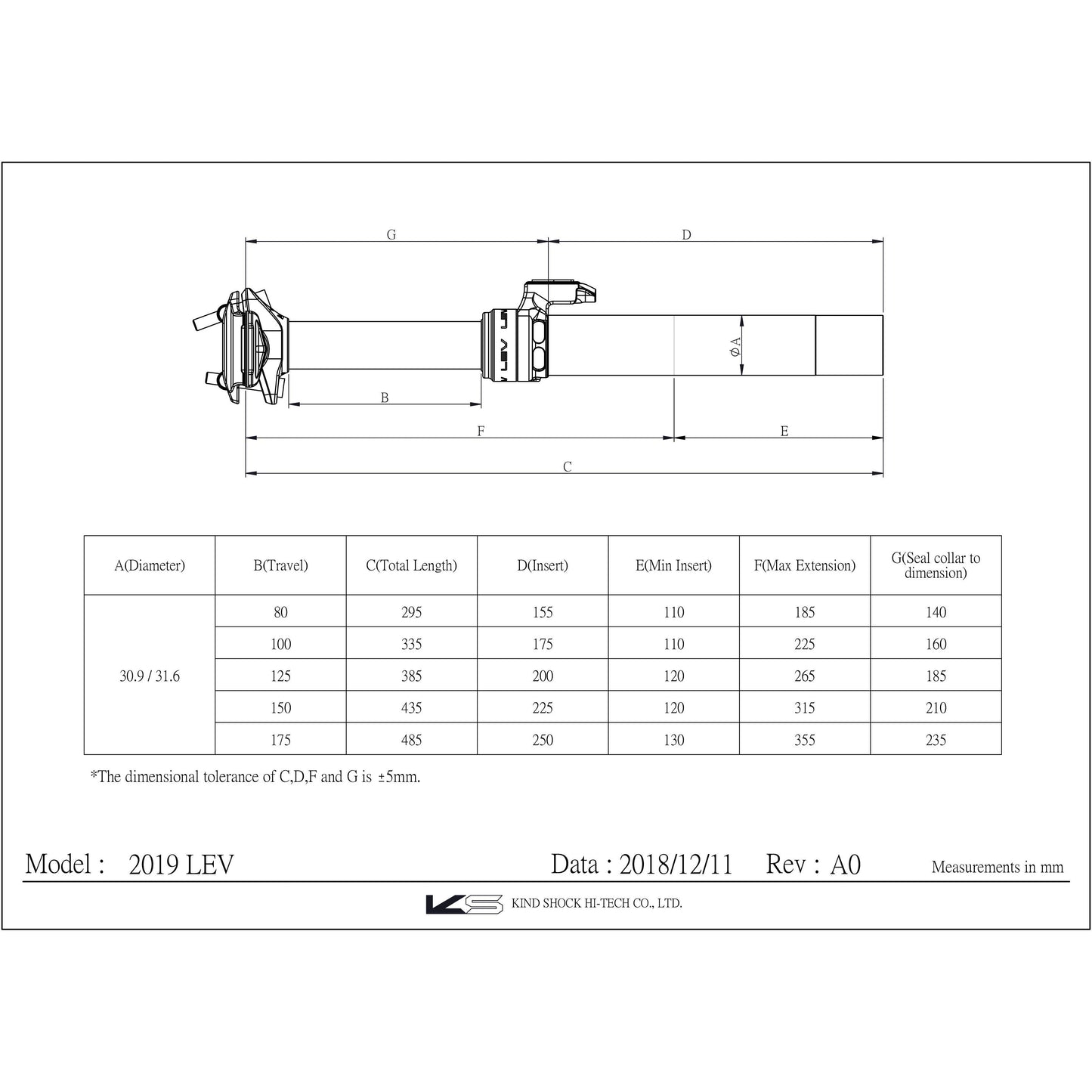 KS Lev Dropper Post - 2020 - External - 31.6mm - 175mm - 485mm - None