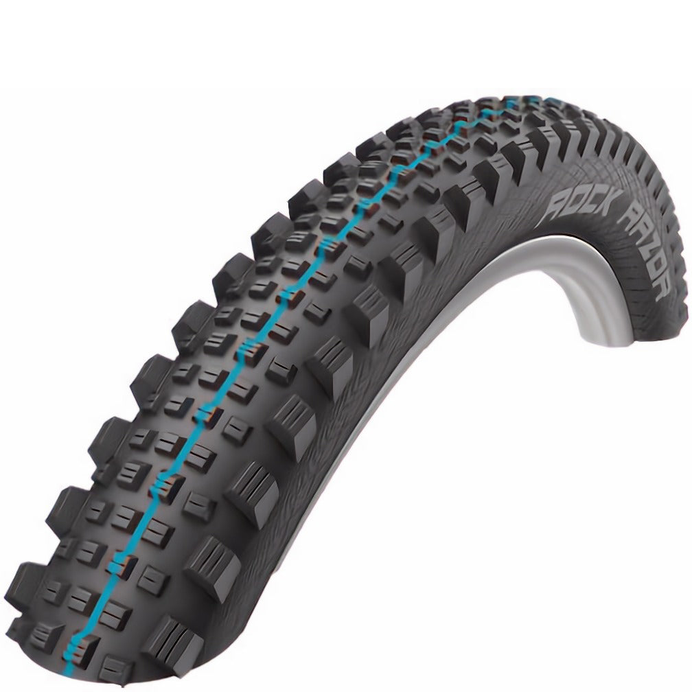 Schwalbe Rock Razor Tyre - 29 Inch - 2.35 Inch - TLE Kevlar Folding - Super Ground - E-25 - Addix Speedgrip - EVO - Black - Blue