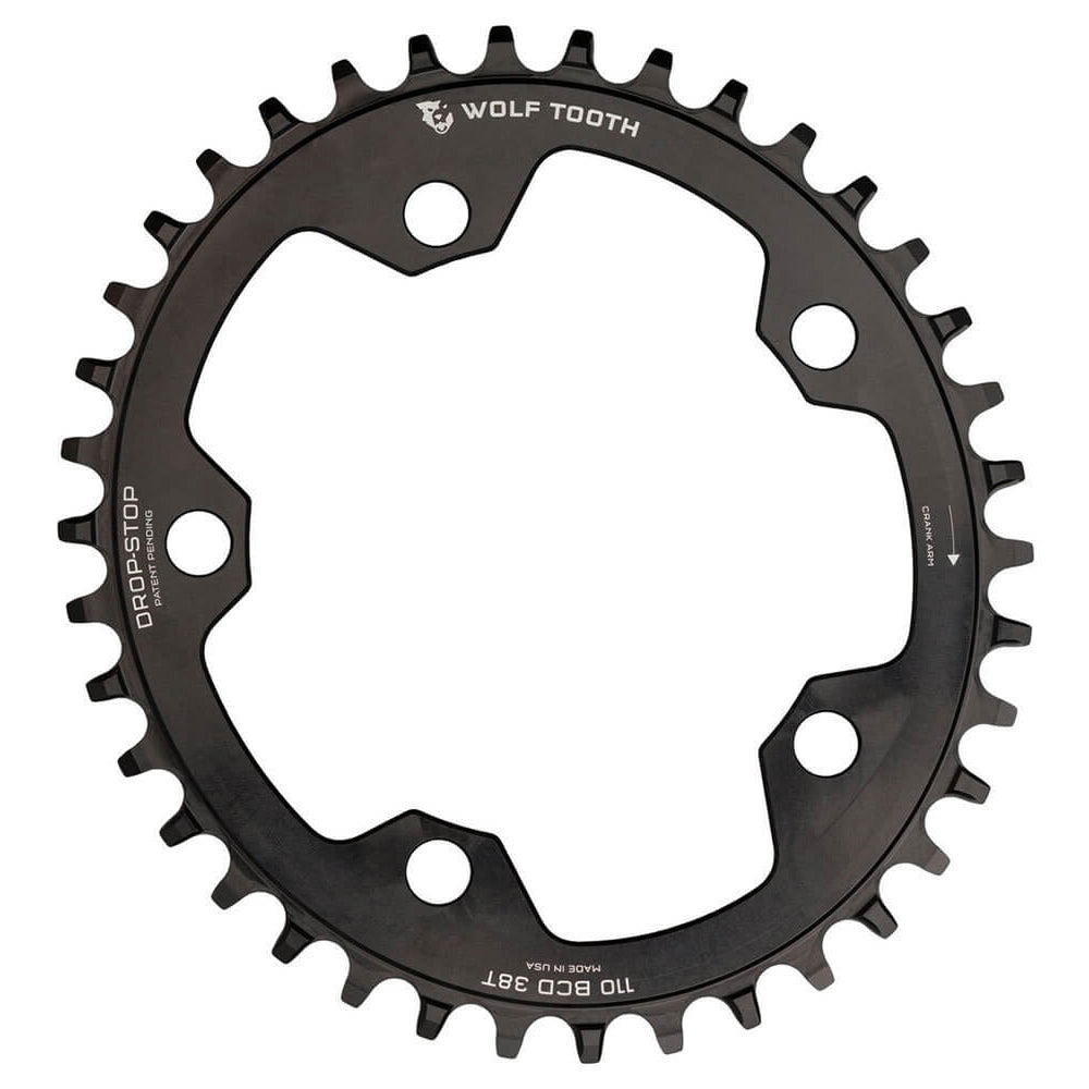 Wolf Tooth 5 Bolt Drop Stop Chainring - 110 BCD - Oval - Black - 9-12 Speed Flattop - 38T