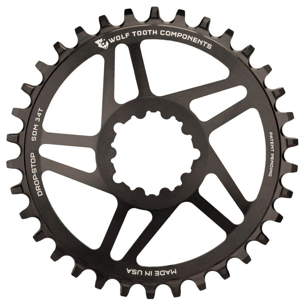 Wolf Tooth Direct Mount Drop-Stop Chainring - SRAM Direct Mount - 6mm Non Boost - Round - Black - 9-12 Speed Flattop - 38T